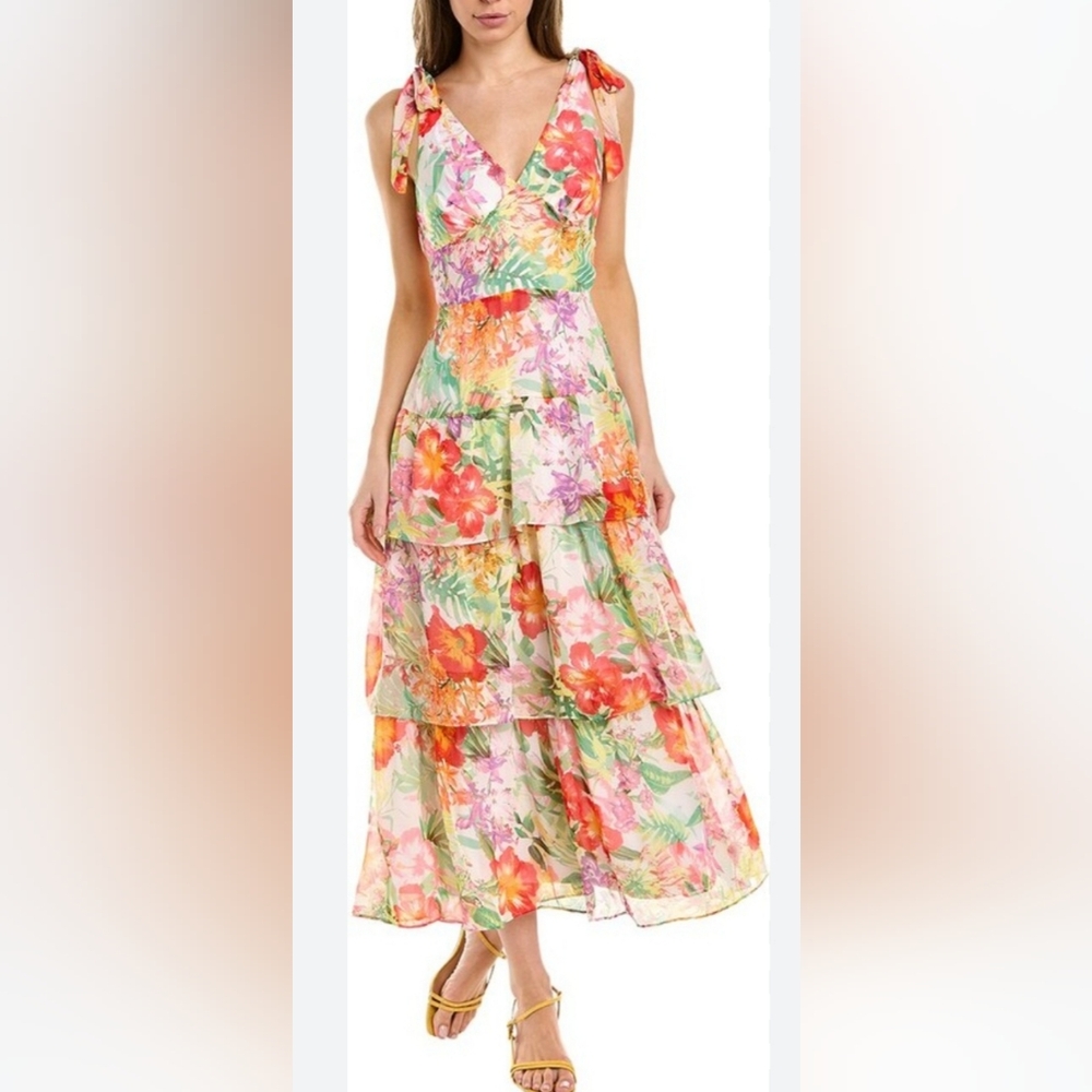 Julia Jordan Floral Sleeveless Tiered Maxi Dress with Bow Straps Size 6